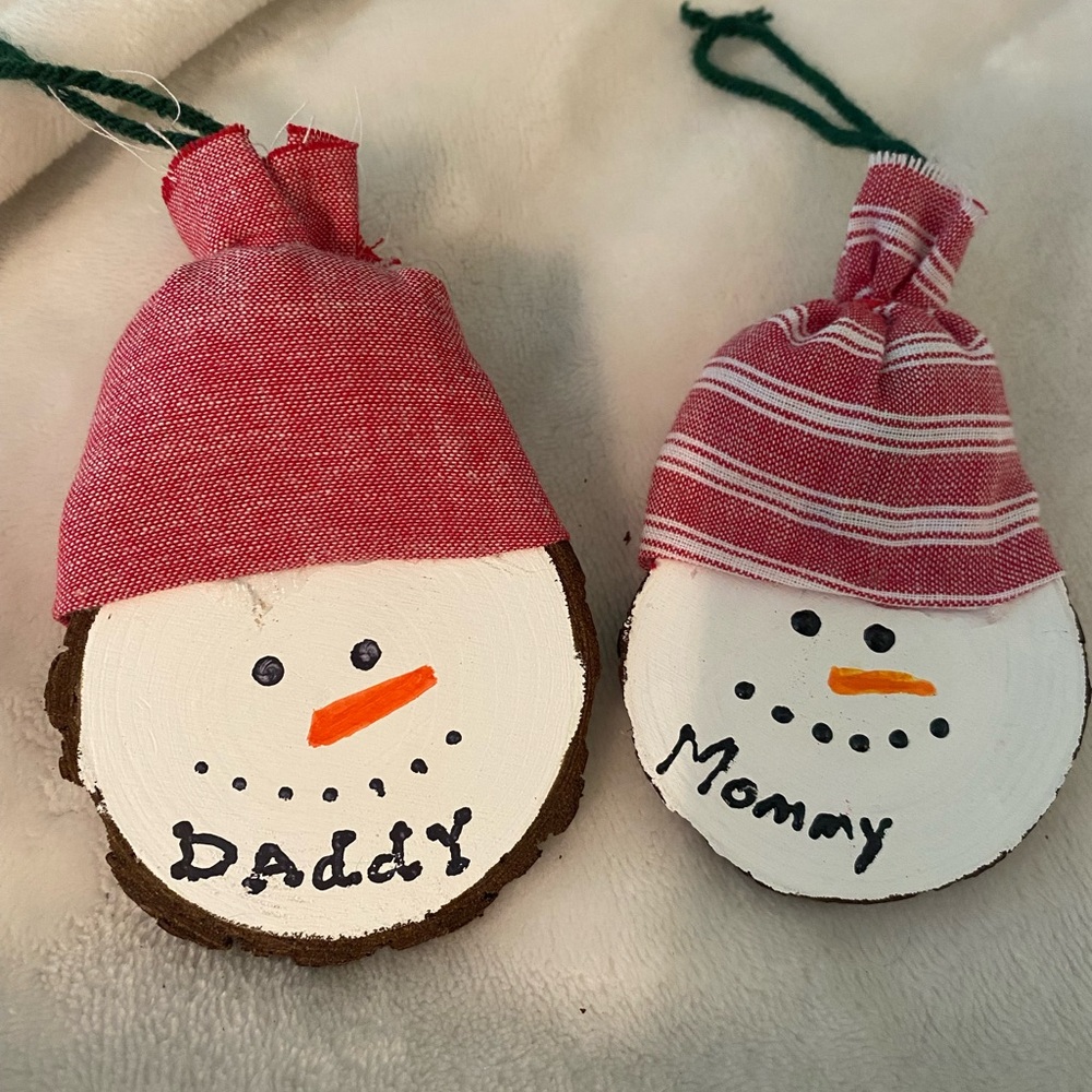 Handmade Red Hat Snowman Ornament Set - Daddy & Mommy